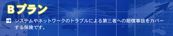 Bプラン　システムやネットワークのトラブルによる第三者への賠償事故をカバーする保険です。