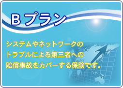 Bプラン　システムやネットワークのトラブルによる第三者への賠償事故をカバーする保険です。